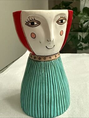 Hand-Painted Ceramic Face Vase in Teal and Red